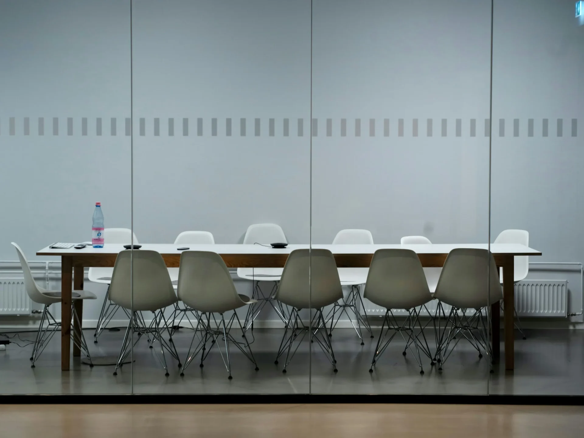 A meeting room prepared for a review.