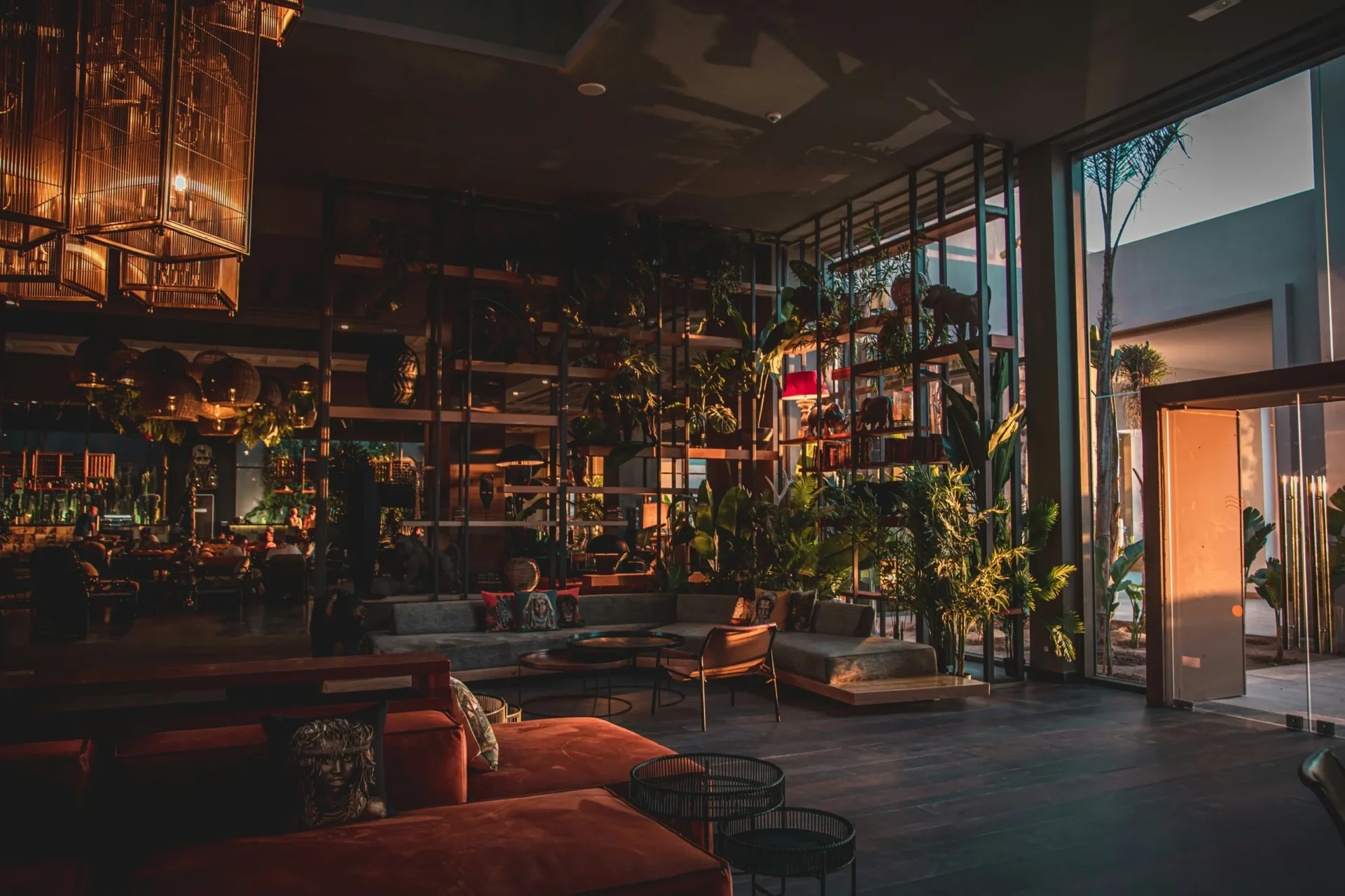 A wide view of a premium restaurant interior.